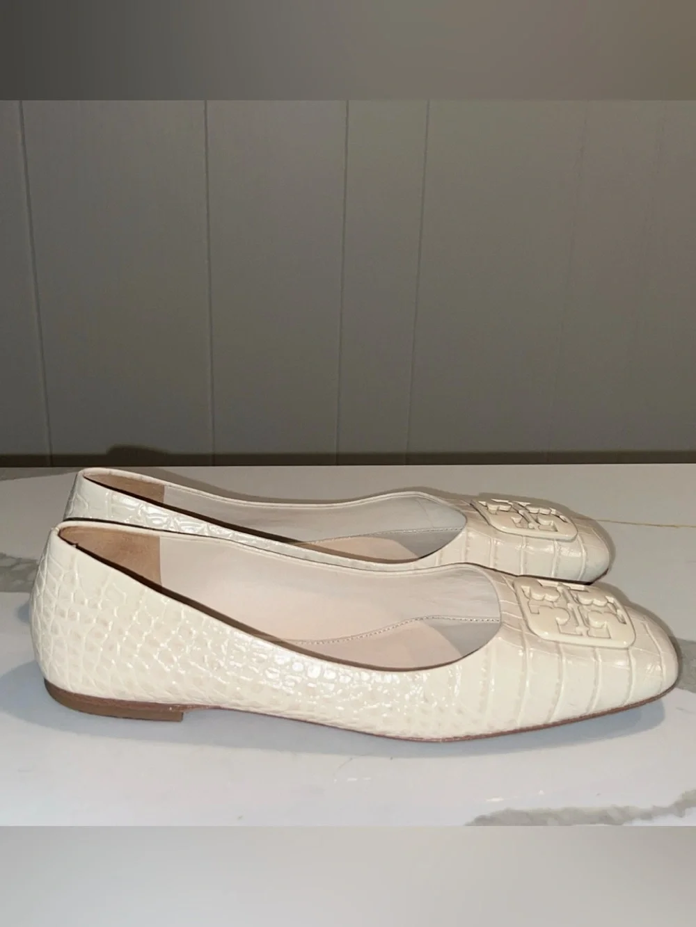Tory Burch Cream Croc-Embossed Leather Georgia Flat